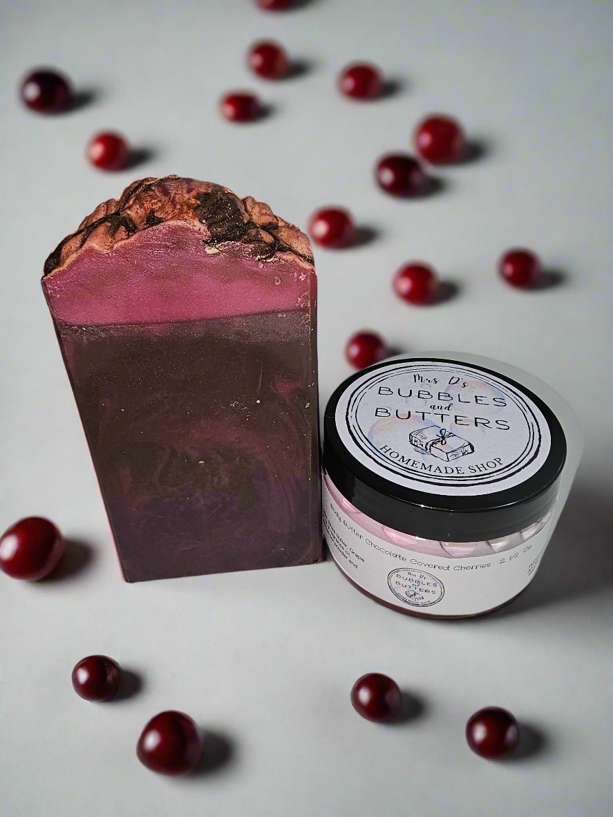 Chocolate Covered Cherries Bundle 7 oz handmade soap and 2.5 oz body butter bundle.