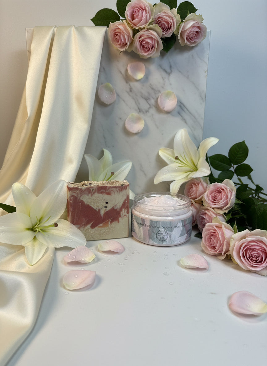 Designer White lily and Rose emulsified body butter 4.0 oz and soap 3.5 oz bundle